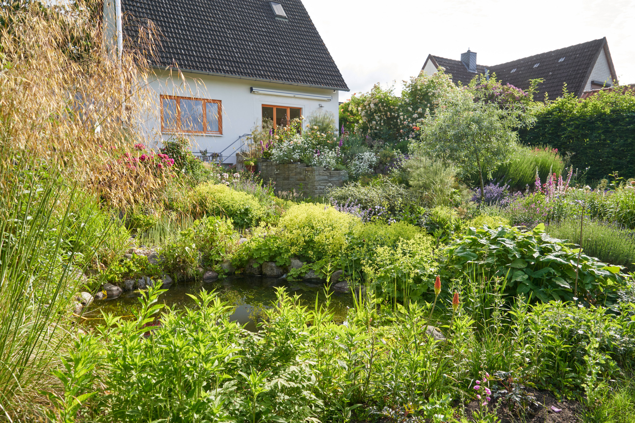 Jardin en pente avec des maisons blanches en arrière-plan