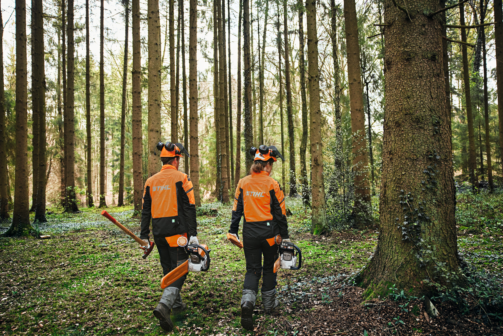 Deux personnes en forêt en équipement de protection avec tronçonneuses et hache.