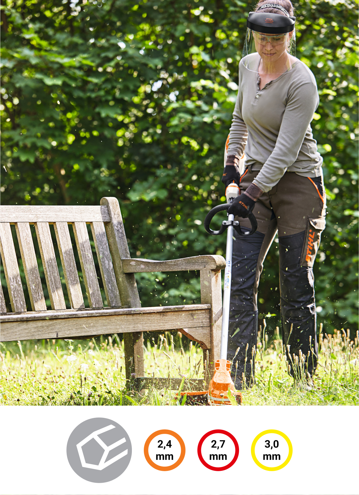 Une femme tond le gazon autour d’un banc avec une débroussailleuse à batterie STIHL FSA 86 R