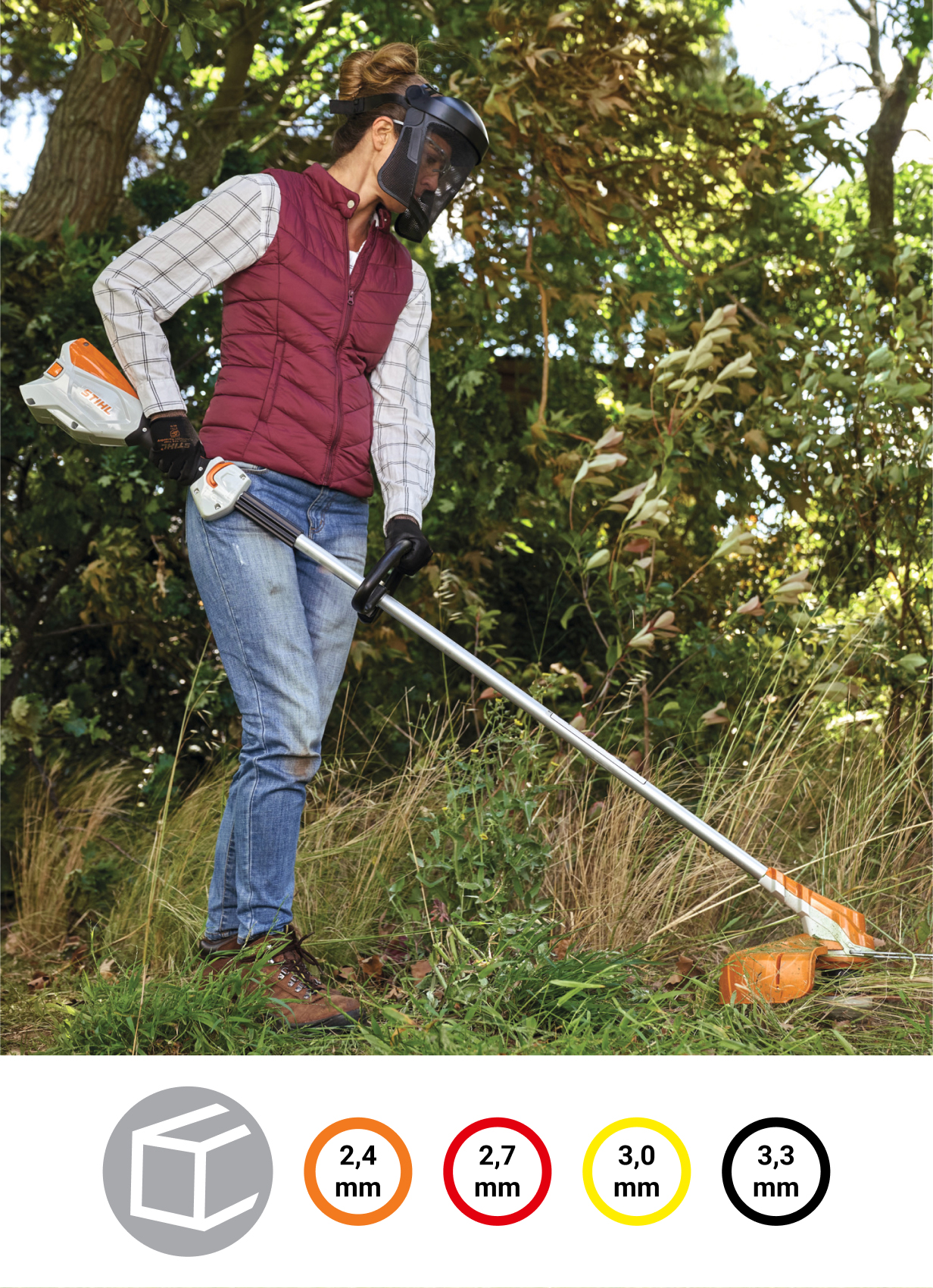 Une femme tond une pelouse en friche avec une débroussailleuse STIHL