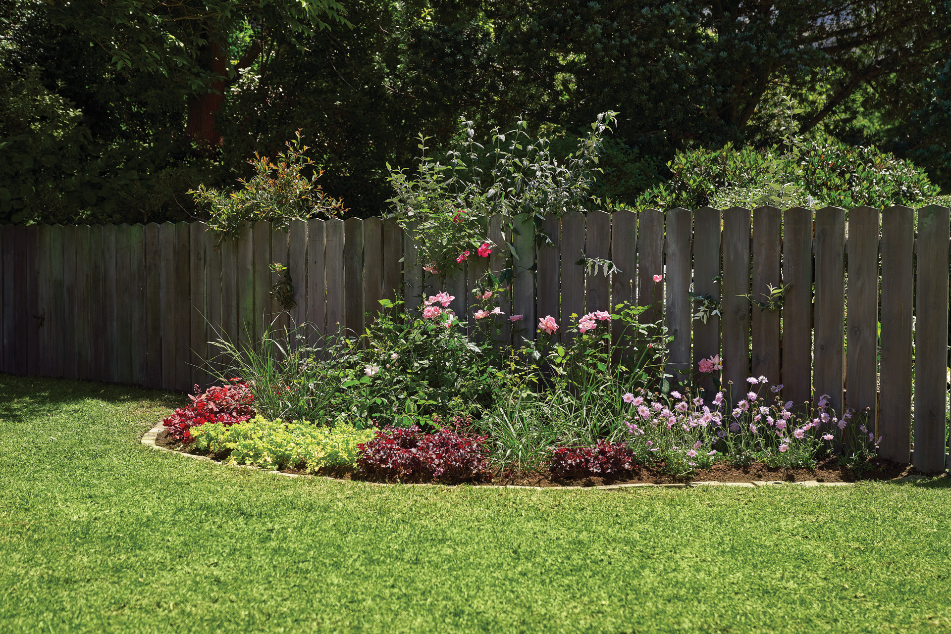 Een kleurrijk perk met vaste planten in een tuin naast een houten hek