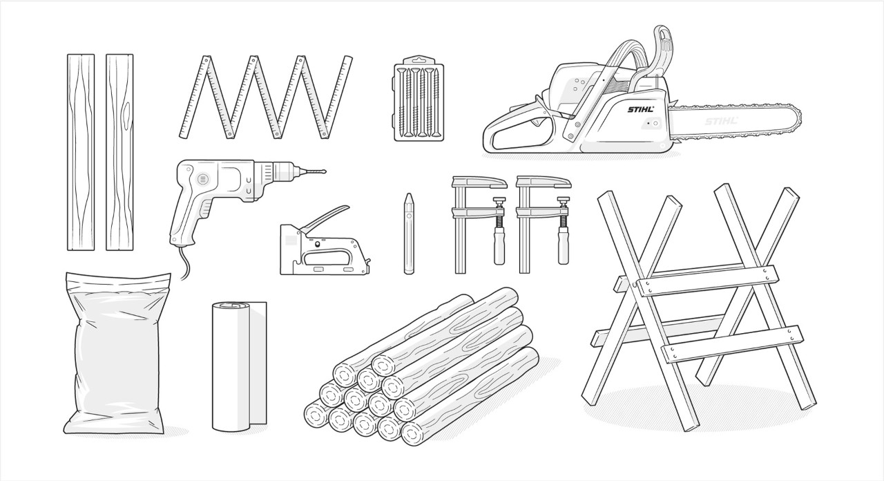 Illustration du matériel nécessaire pour fabriquer un bac à sable en bois