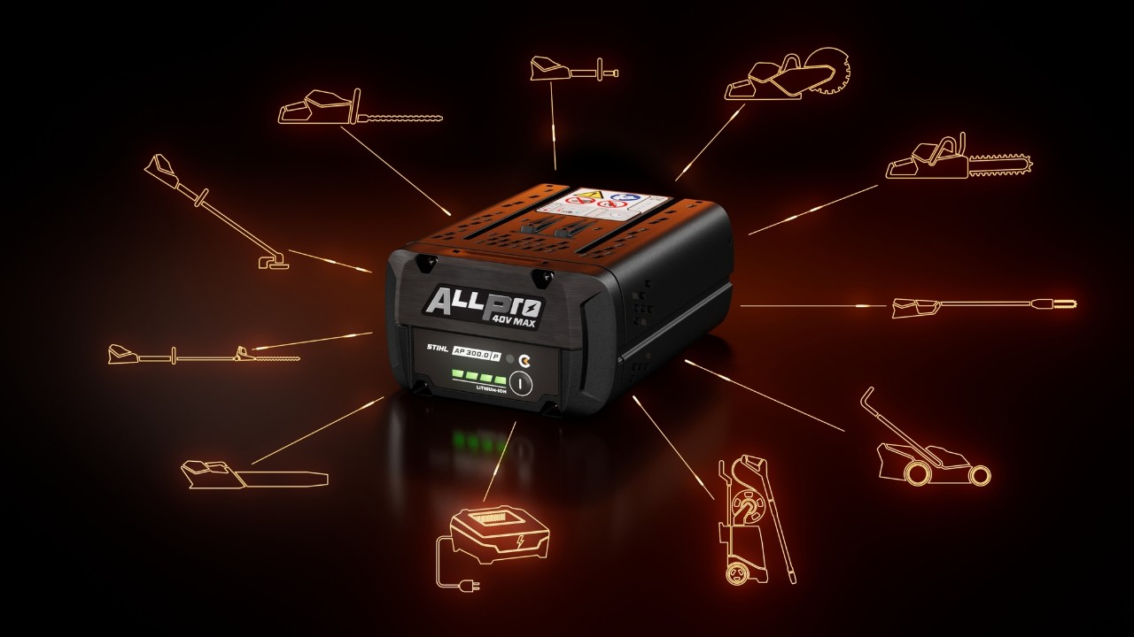 Batterie STIHL ALLPRO AP 300 P C entourée de plusieurs icônes représentant des catégories de produits compatibles