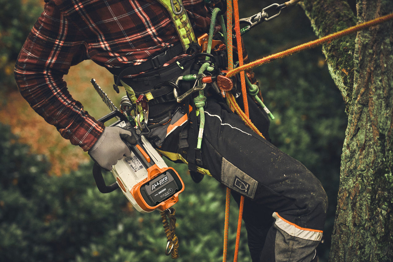 Gros plan sur un homme qui grimpe à un arbre avec une tronçonneuse sans fil STIHL MSA 190 T équipée d'une batterie ALLPRO