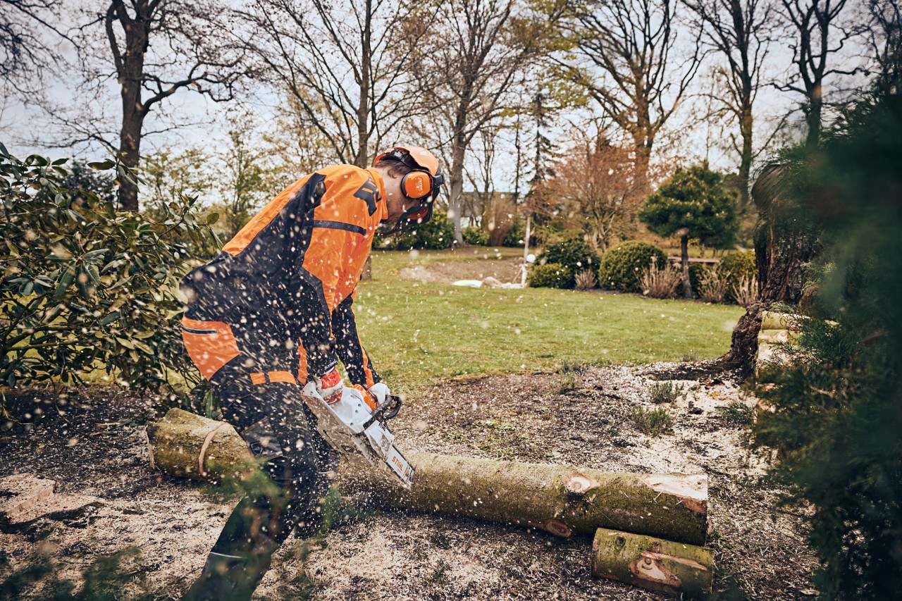 Een man in beschermende uitrusting zaagt met een STIHL accukettingzaag een boomstam in een groenvoorziening
