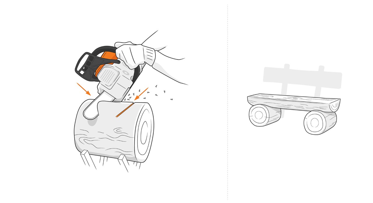 Illustratie: Met een STIHL kettingzaag wordt een V-vormige snede gemaakt in het hout voor de tafelpoot